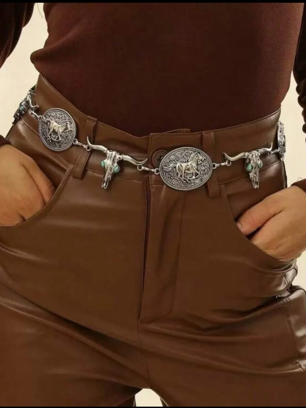 Western-Inspired Silver & Turquoise Concho Chain Belt NEW 🏷️
